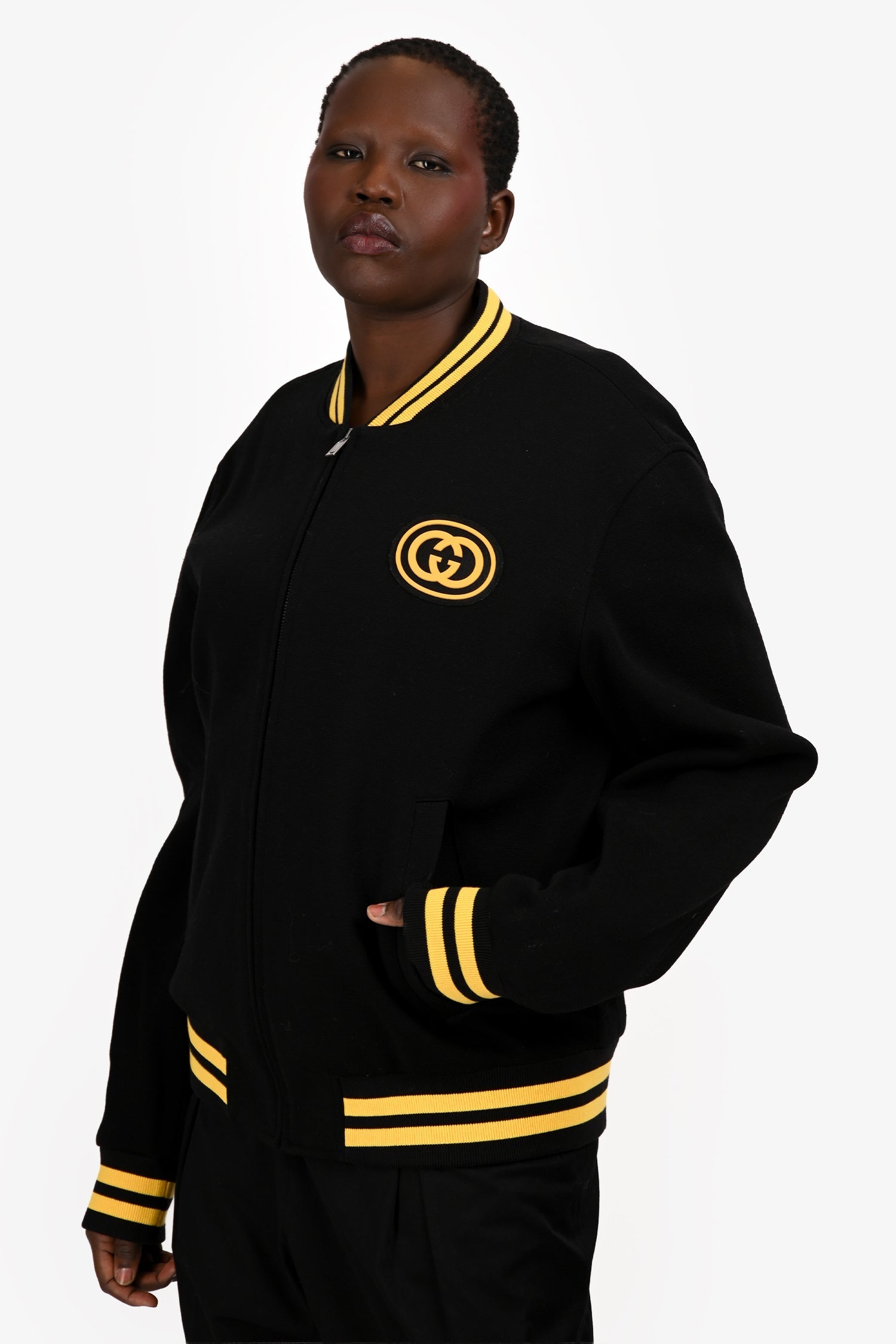 Gucci Black/Yellow Knit Ribbed Sleeves Logo Bomber Jacket Size 54 Mens