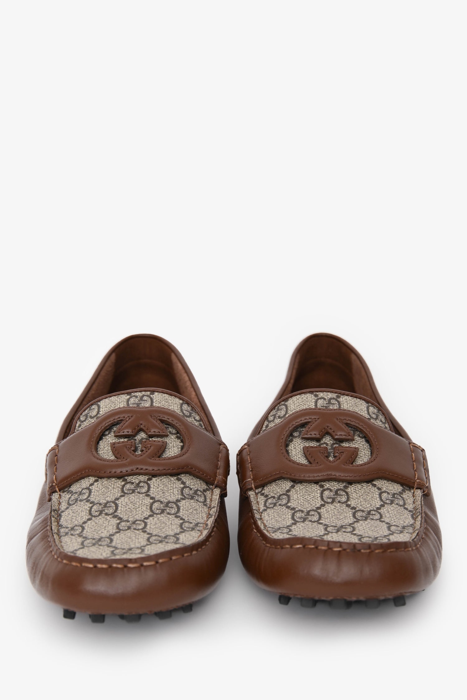 Gucci GG Supreme Canvas/Brown Leather Trim Driving Loafers Size 10.5 Mens