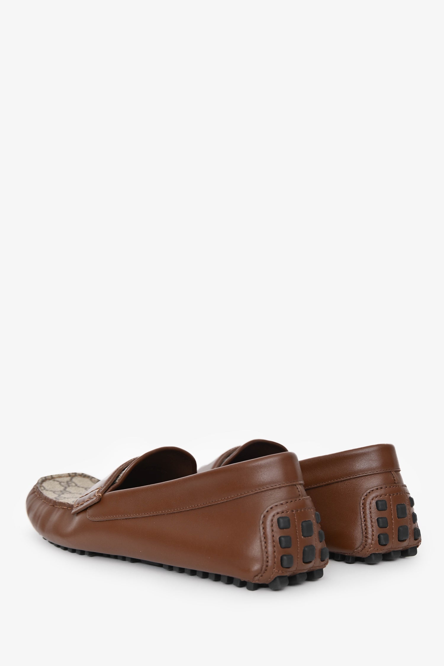 Gucci GG Supreme Canvas/Brown Leather Trim Driving Loafers Size 10.5 Mens