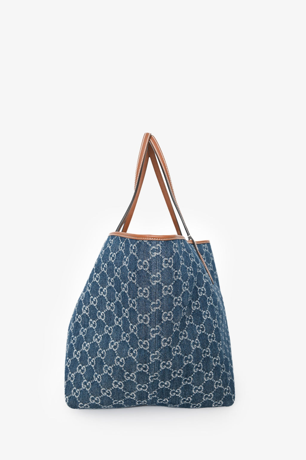 Gucci Blue Monogram Denim Reversible Brown Leather Trim Totissima Tote Bag with Pouch