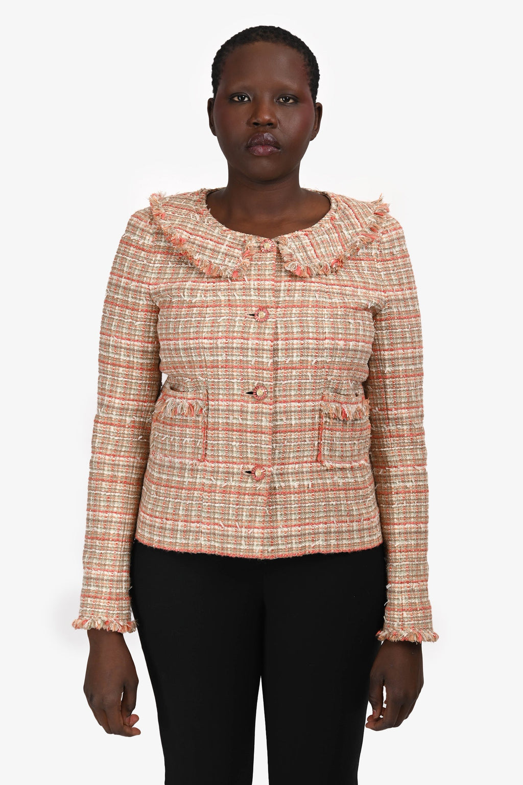 Pre-Loved Chanel™ 2004 Green/Beige Tweed Collared Evening Jacket Size 40