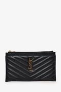 Saint Laurent Black Grained Leather Matelasse YSL Monogram Small Zip Top Bill Pouch