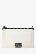Pre-Loved Chanel™ 2015-16 White Quilted Lambskin Leather Old Medium Boy Bag
