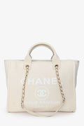 Pre-Loved Chanel™ Beige Canvas Small Deauville Shopping Tote with Pouch