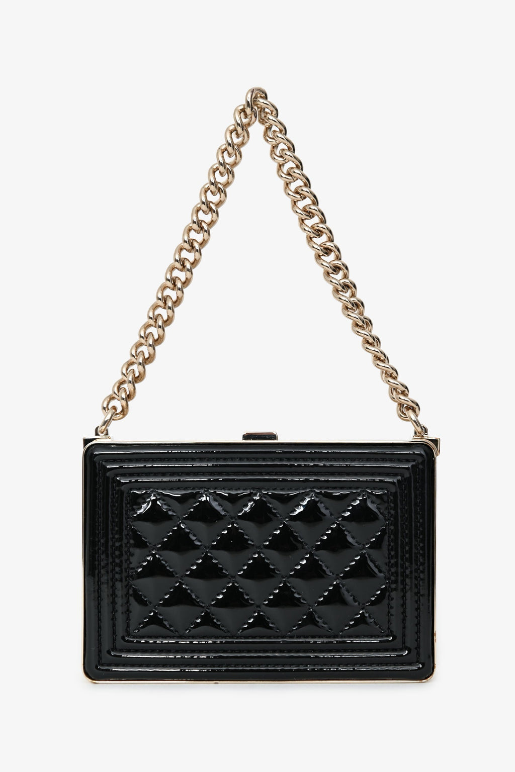 Pre-Loved Chanel™ Black Patent Calfskin 'Minaudiere' Chain Box Boy Bag