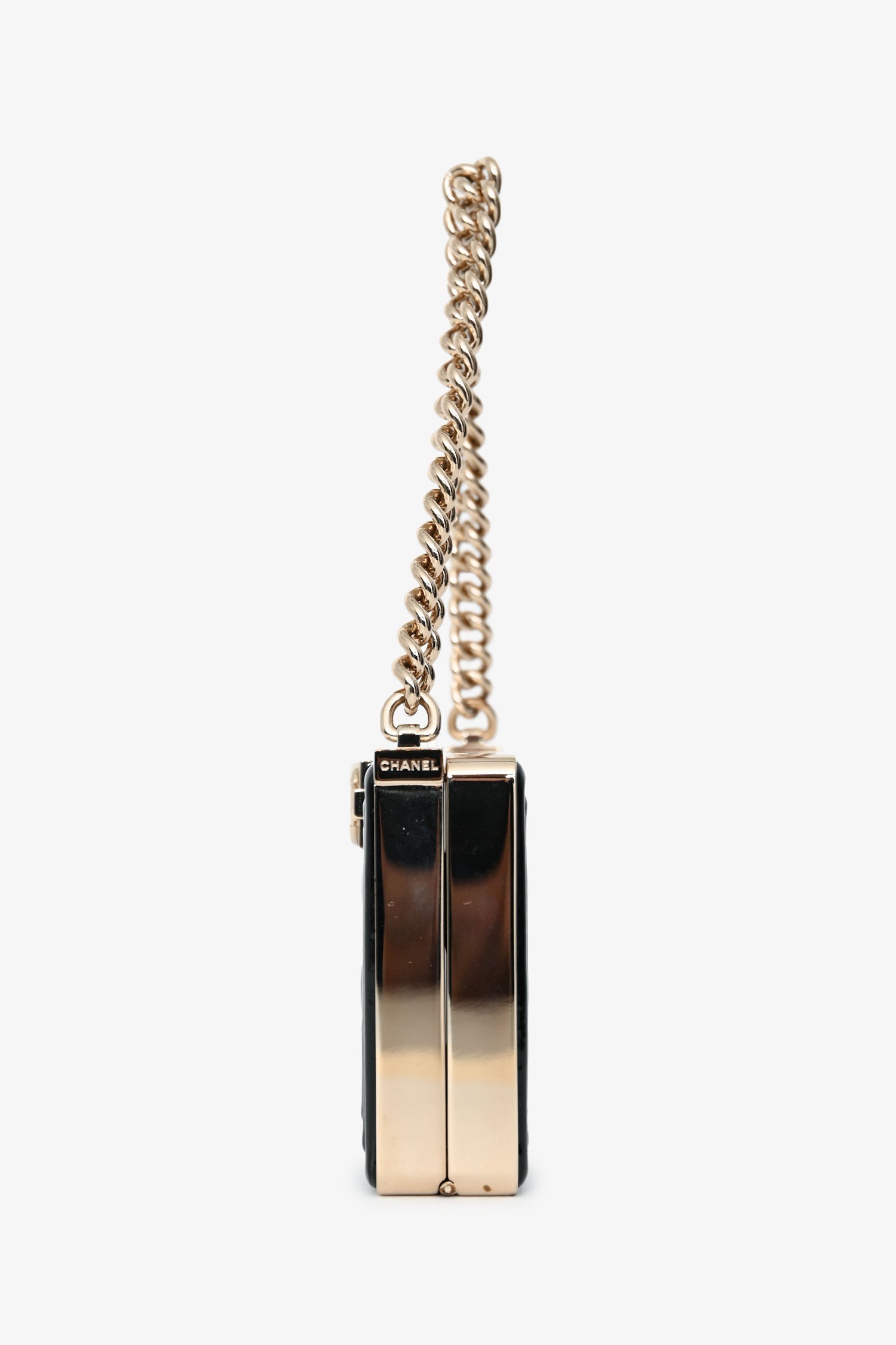 Pre-Loved Chanel™ Black Patent Calfskin 'Minaudiere' Chain Box Boy Bag