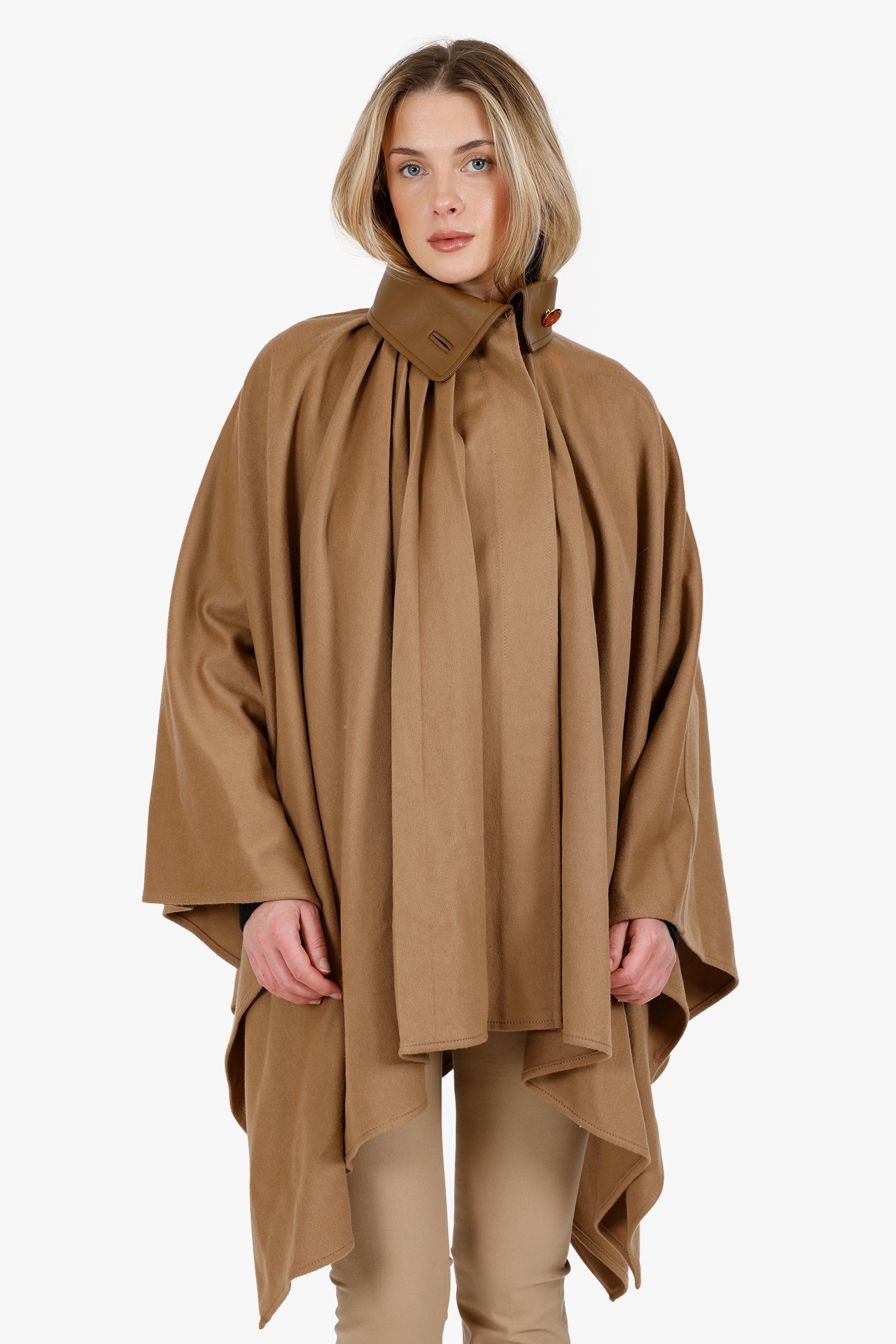 Gucci Camel Brown Wool Leather Collared Cape Coat Size 36