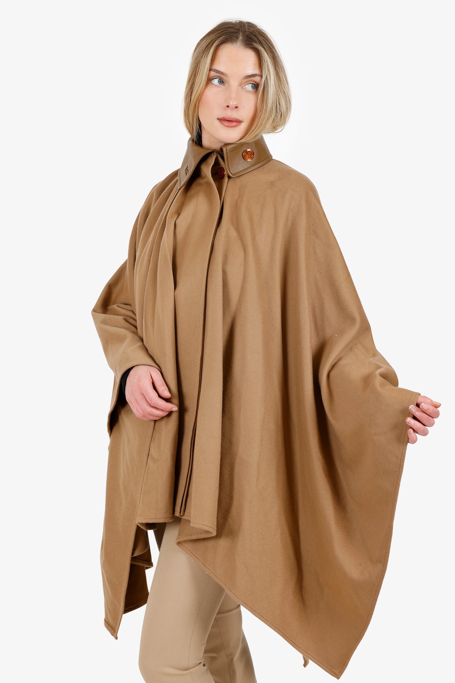 Gucci Camel Brown Wool Leather Collared Cape Coat Size 36