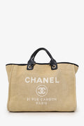 Pre-Loved Chanel™ 2012 Beige/Black Canvas Large Deauville Shopping Tote
