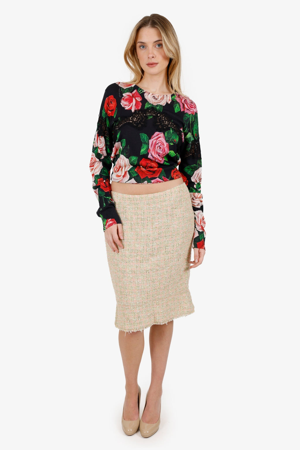 Pre-Loved Chanel™ 05P Pink/Green Tweed Midi Skirt Size 42