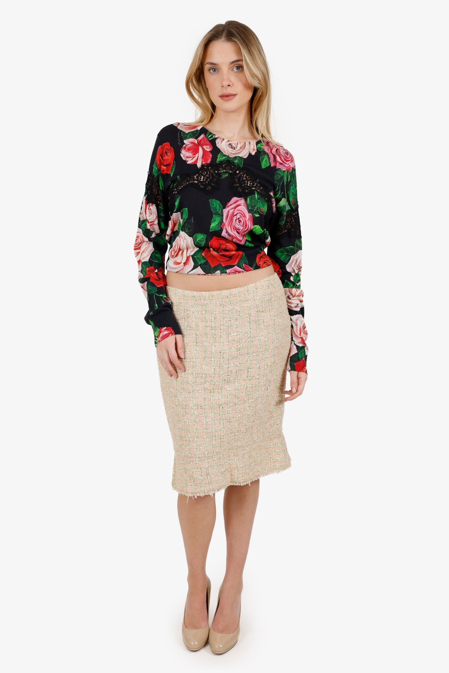 Pre-Loved Chanel™ 05P Pink/Green Tweed Midi Skirt Size 42