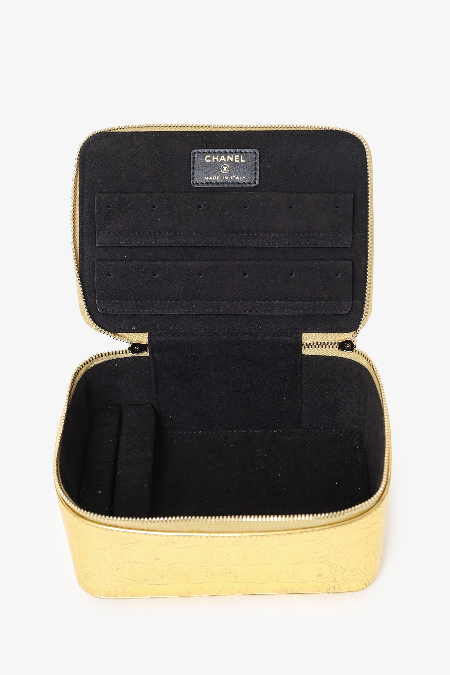 Pre-Loved Chanel™ Gold Metallic Crocodile Embossed Mini Vanity Bag