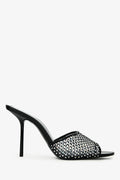 Saint Laurent Black Leather Crystal Embellished Mesh Mules Size 38.5