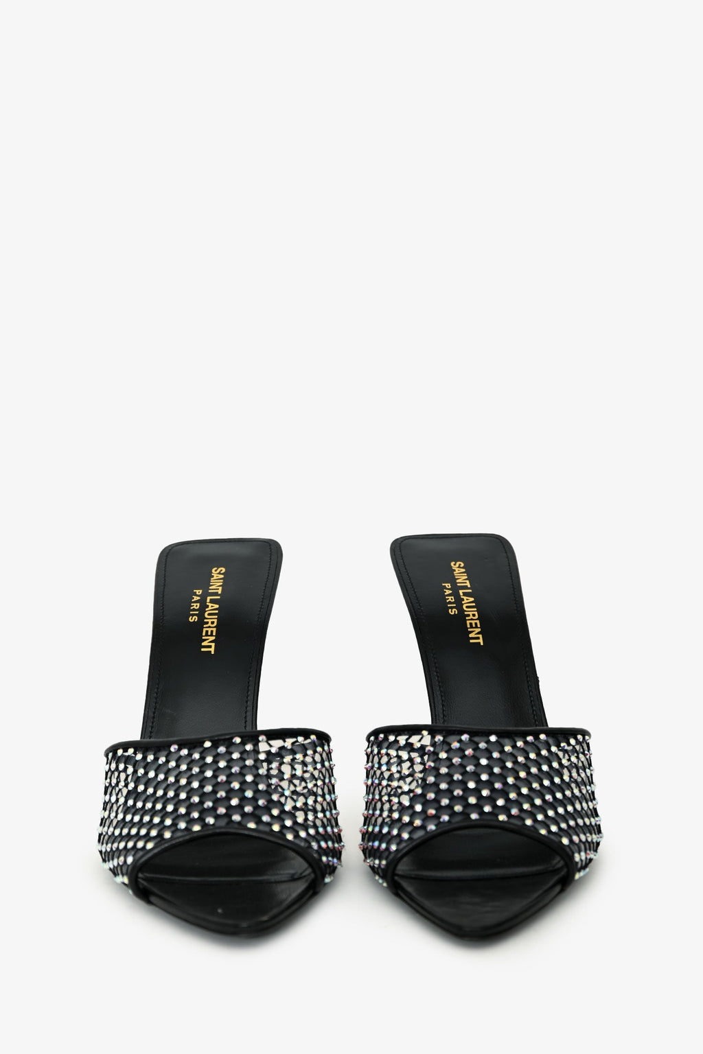 Saint Laurent Black Leather Crystal Embellished Mesh Mules Size 38.5