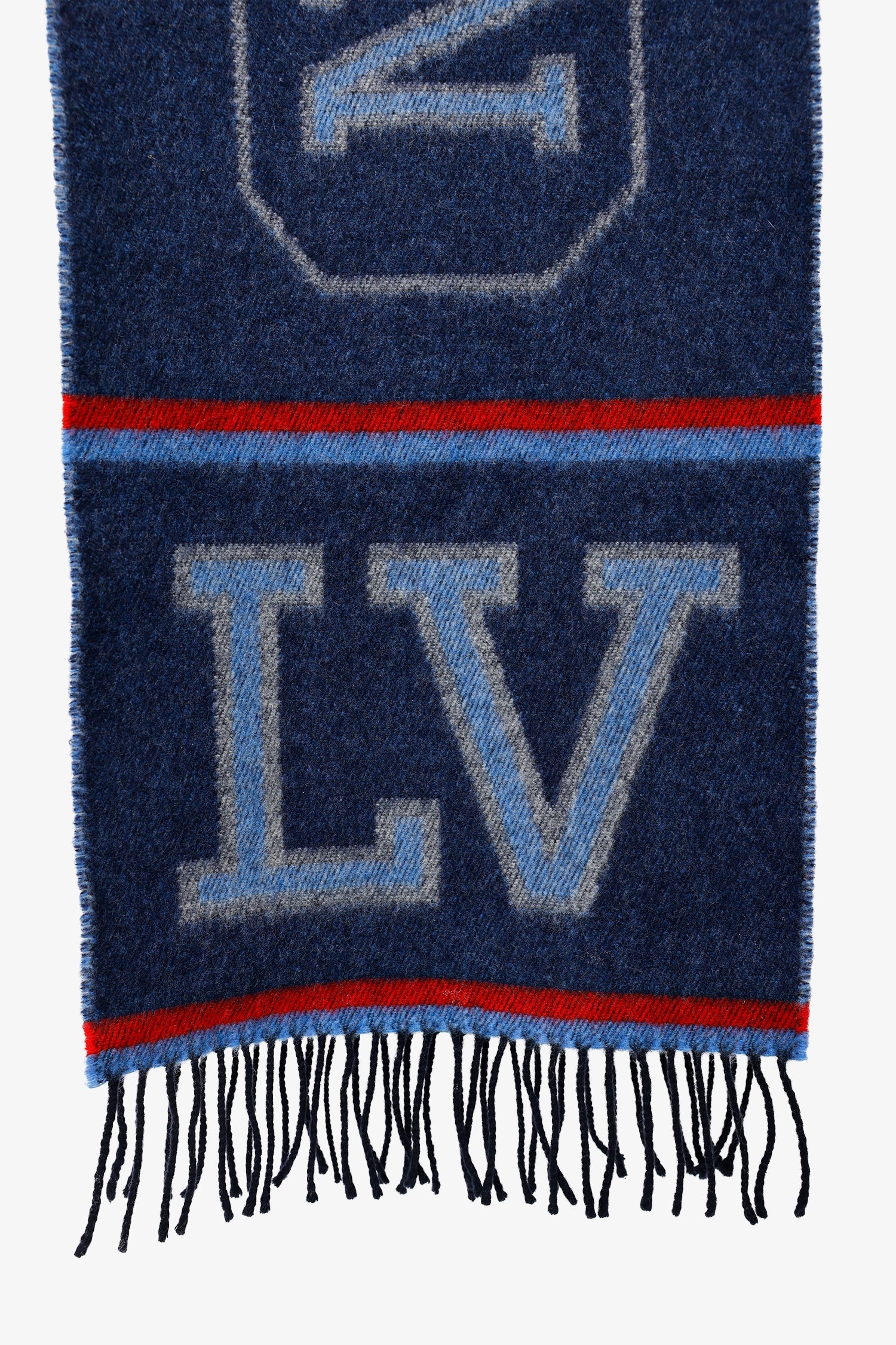 Louis Vuitton Navy/Red Wool/Cashmere Logo Fringe Scarf