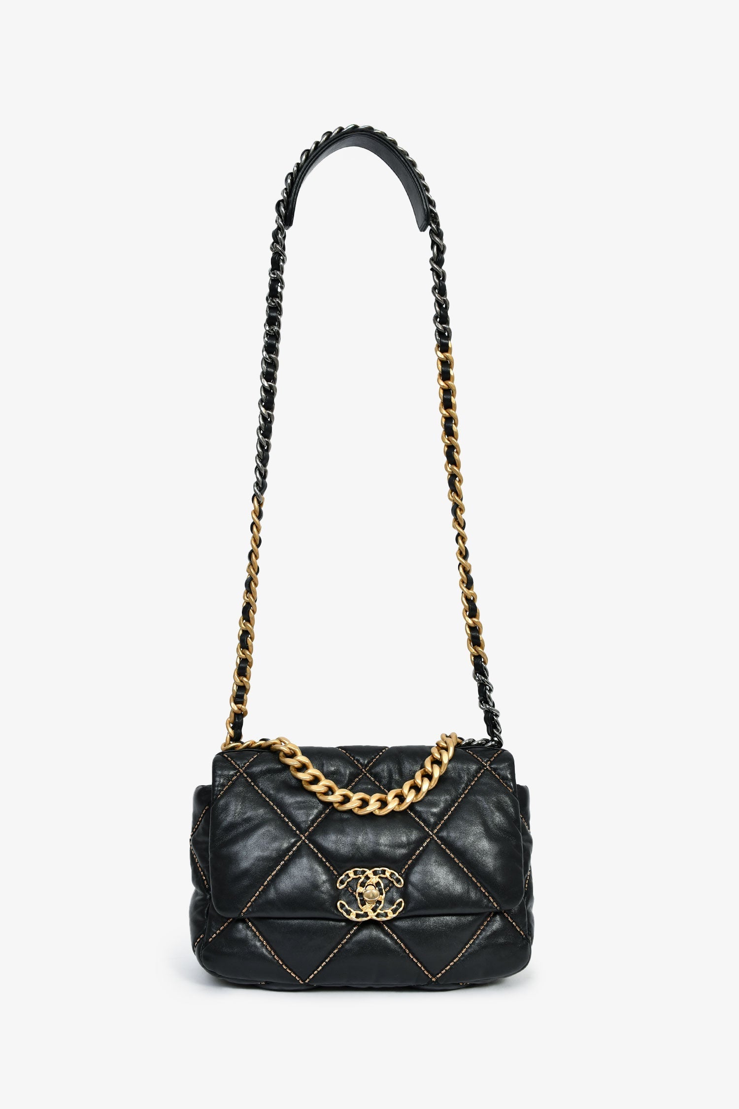 Pre-Loved Chanel™ Black Lambskin/Quilted Gold Chain Small 19 Bag