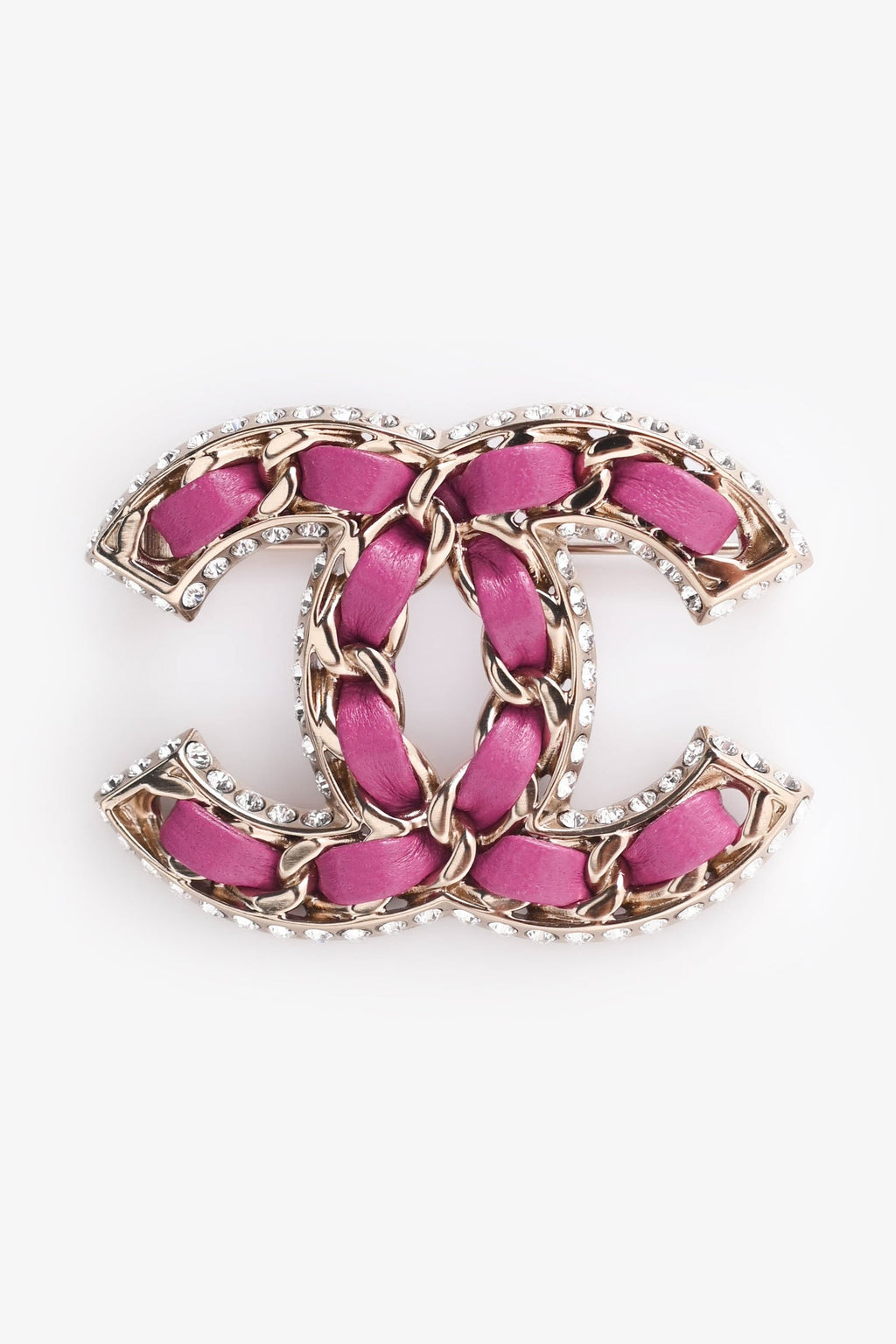 Pre-Loved Chanel™ 2021 Gold Tone Metal/Pink Leather Intertwine CC Brooch