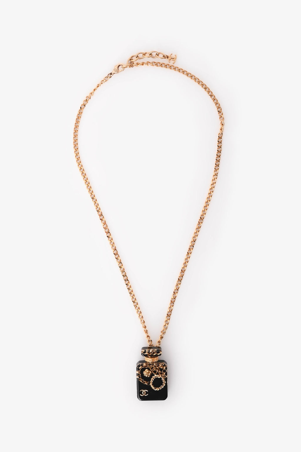 Pre-Loved Chanel™ 2021 Gold Tone Metal Chain Decorated Perfume Bottle Pendant Necklace