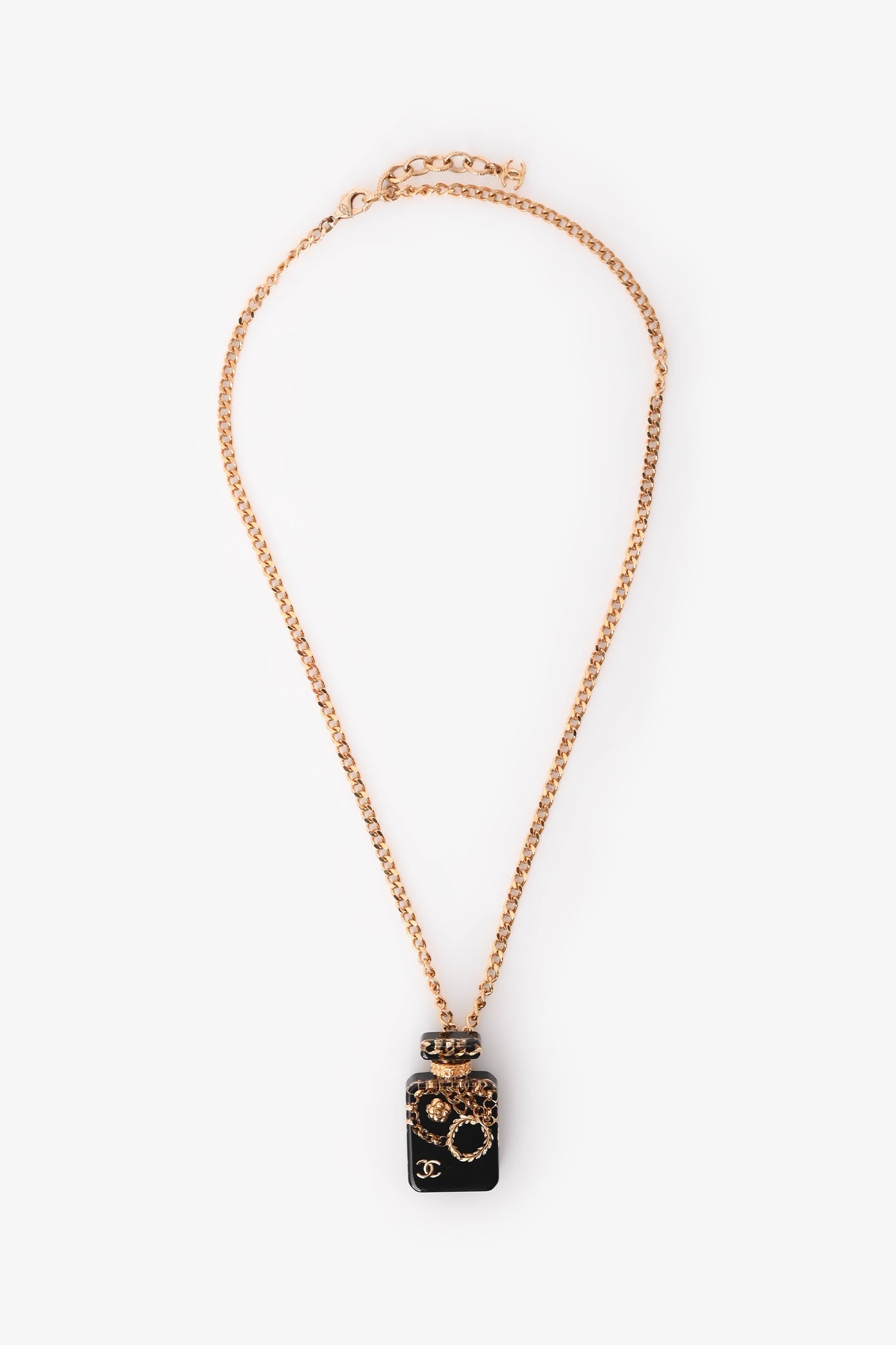 Pre-Loved Chanel™ 2021 Gold Tone Metal Chain Decorated Perfume Bottle Pendant Necklace