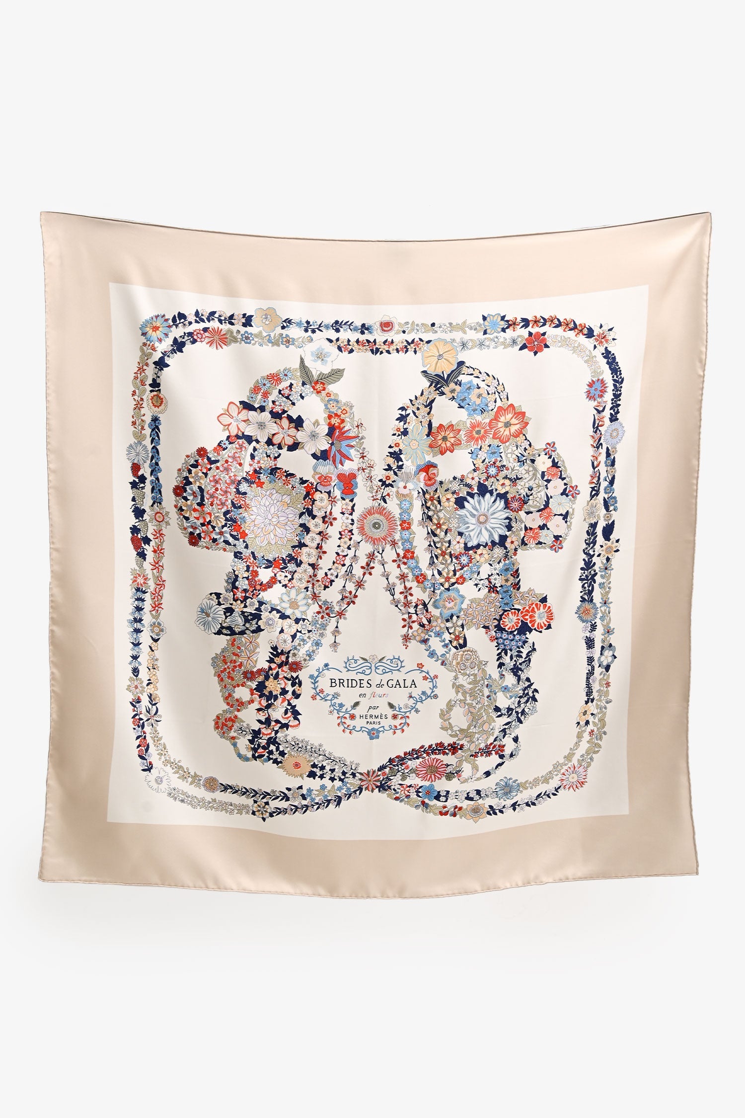 Hermès Beige/White Silk 'Brides des Gala en fleur' Scarf 90