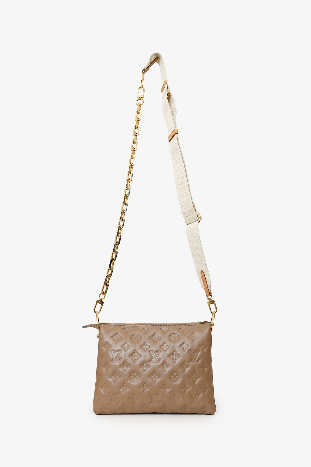 Louis Vuitton Taupe Handbag With Canvas Strap And Gold Chain