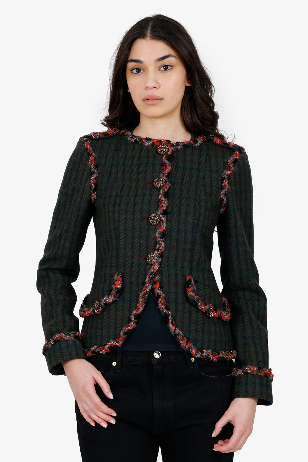 Pre-Loved Chanel™ 2013 Paris-Edinburgh Green Tartan Trim Tweed Jacket Size 36