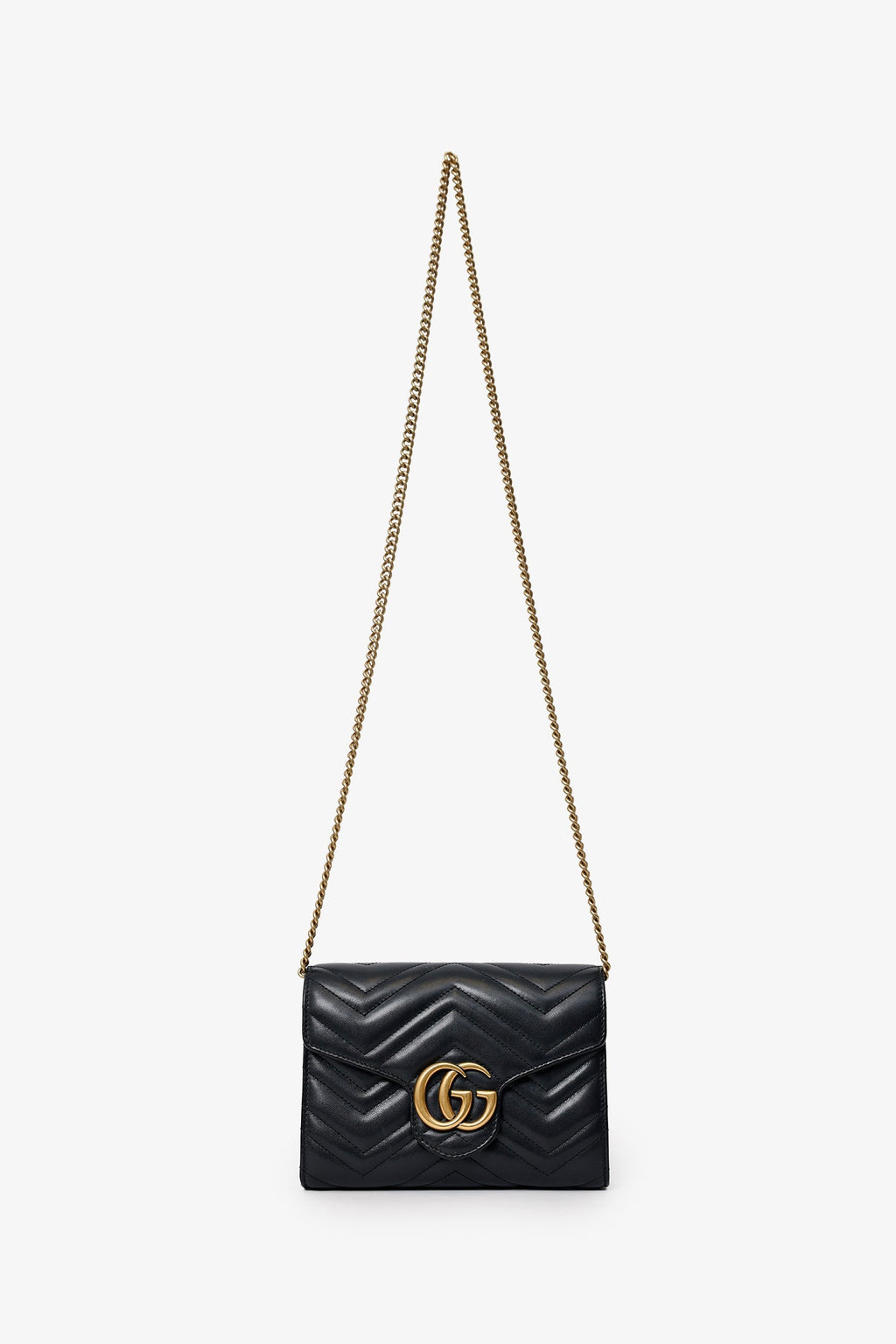 Gucci Black Leather Chevron GG Marmont Wallet on Chain