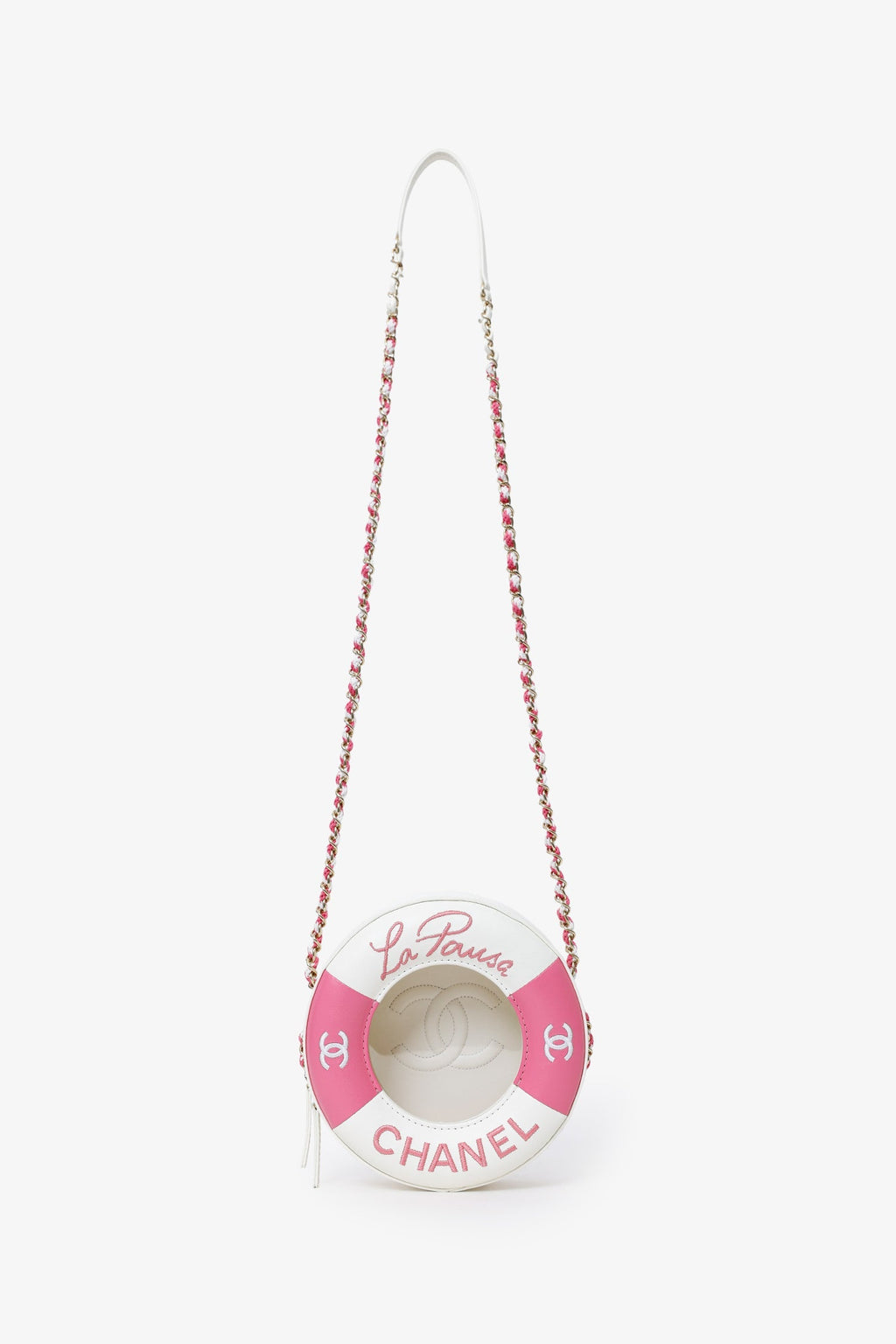 Pre-Loved Chanel™ Pink/White Lambskin Lifesaver Small Round Bag