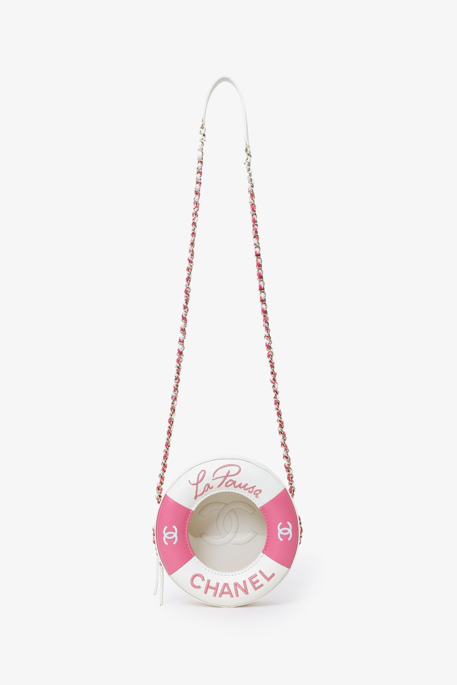 Pre-Loved Chanel™ Pink/White Lambskin Lifesaver Small Round Bag