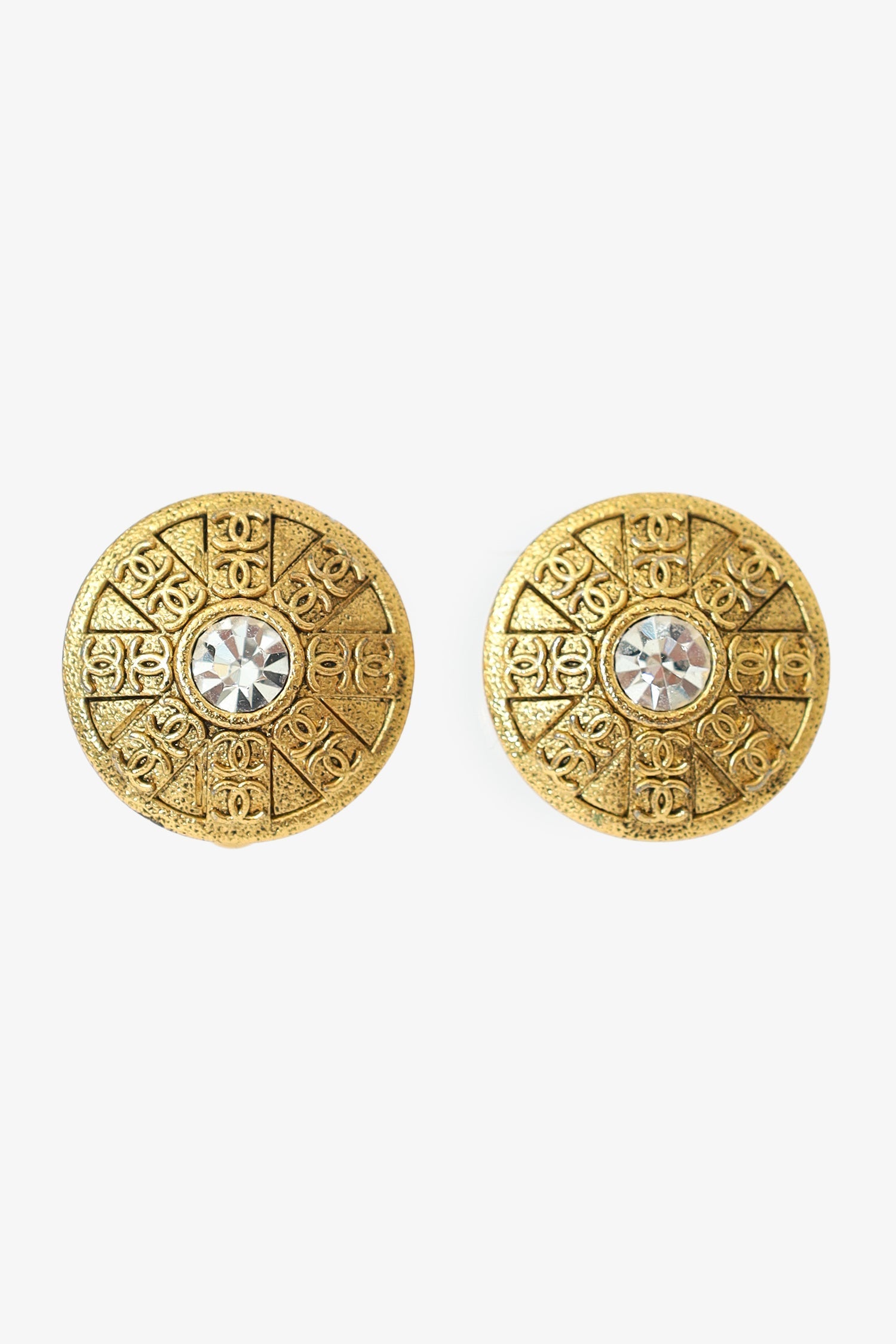 Pre-Loved Chanel™ Vintage Gold-tone CC Crystal Round Clip-on Earrings