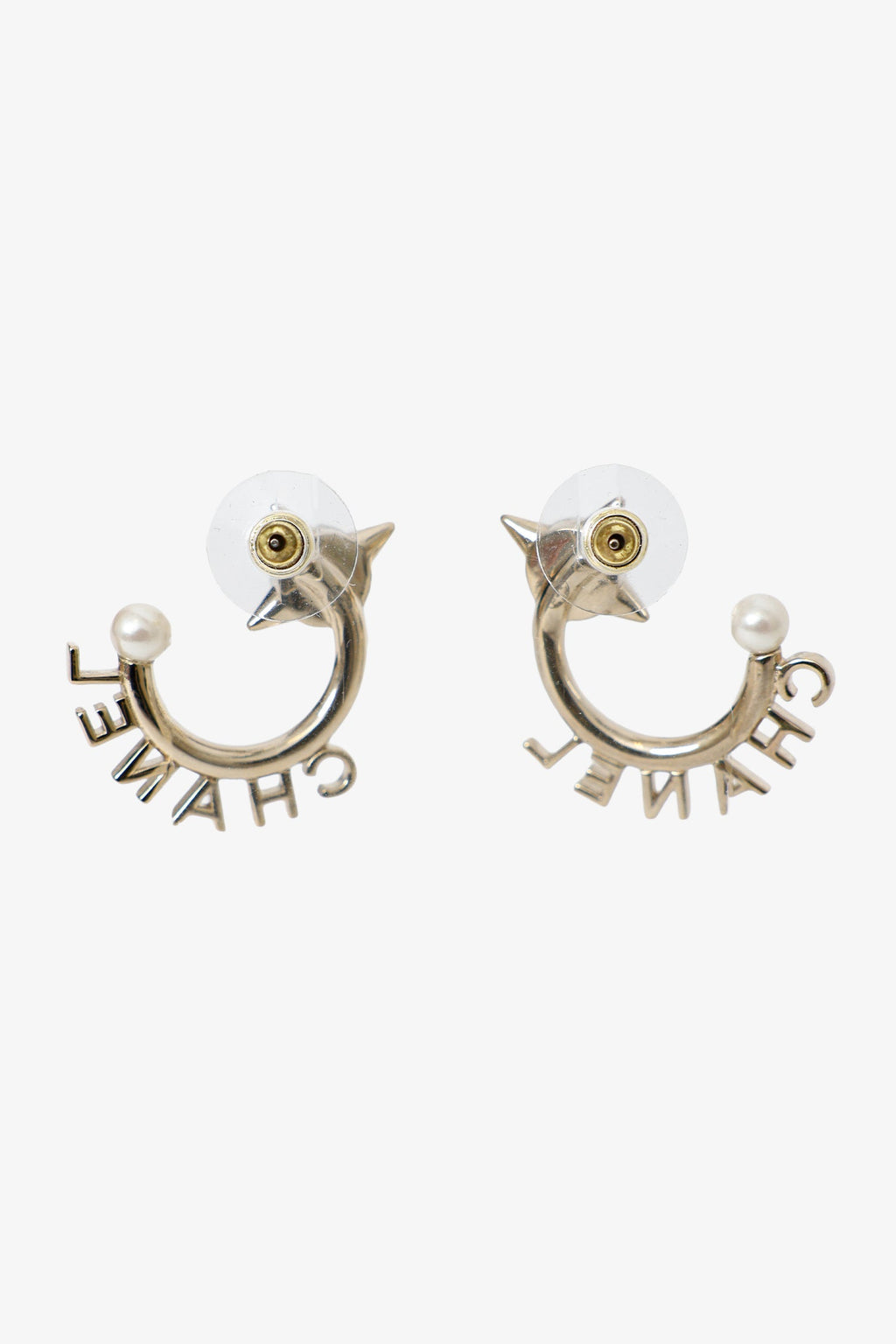 Pre-Loved Chanel™ Gold Tone Pearl Logo Hoop Earrings