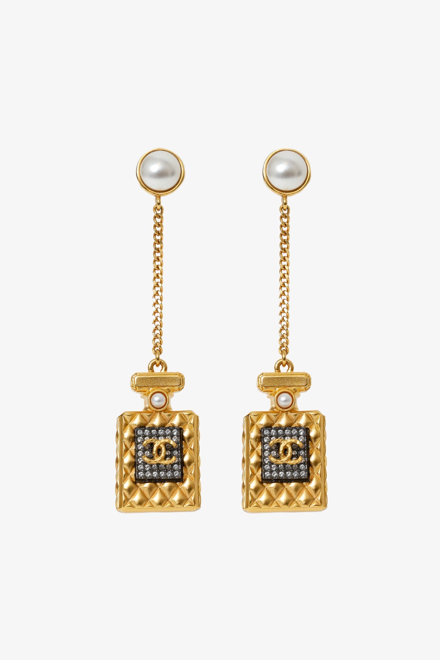 Pre-Loved Chanel™ Gold Tone Crystal Pearl CC Perfume Bottle Chain Drop Earrings