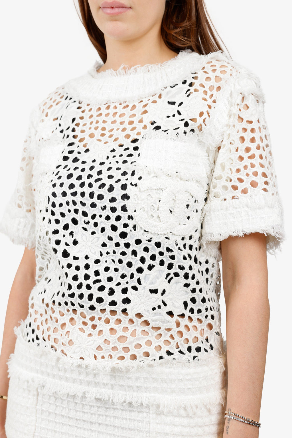Pre-Loved Chanel™ White Crochet CC Short Sleeve Mini Dress Size 36