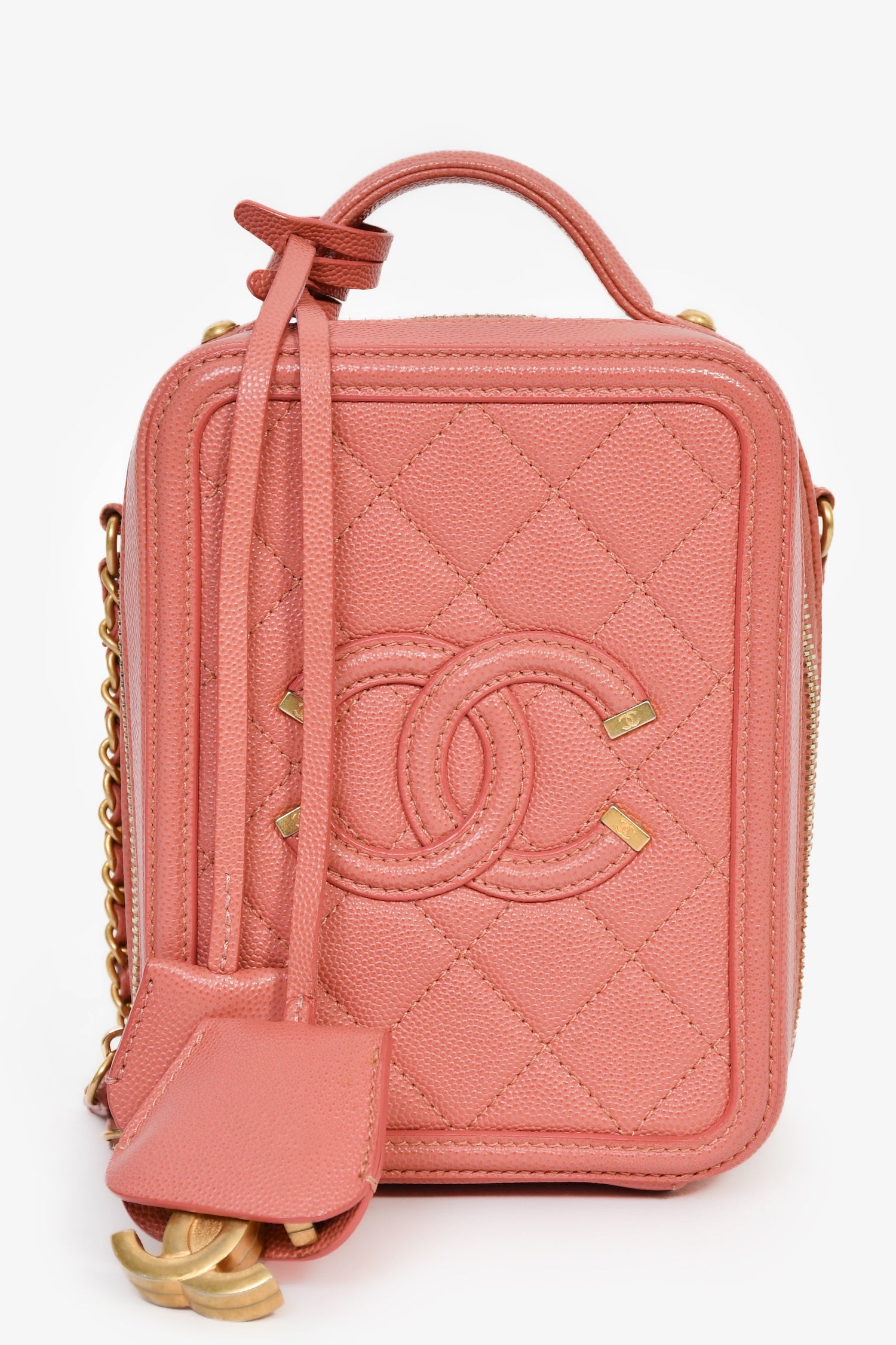 Pre-Loved Chanel™ 2019 Pink Caviar Leather Vertical Filigree Vanity Case