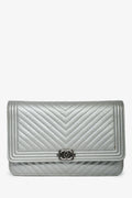 Pre-Loved Chanel™ 2016 Silver Metallic Caviar Leather Chevron Wallet on Chain