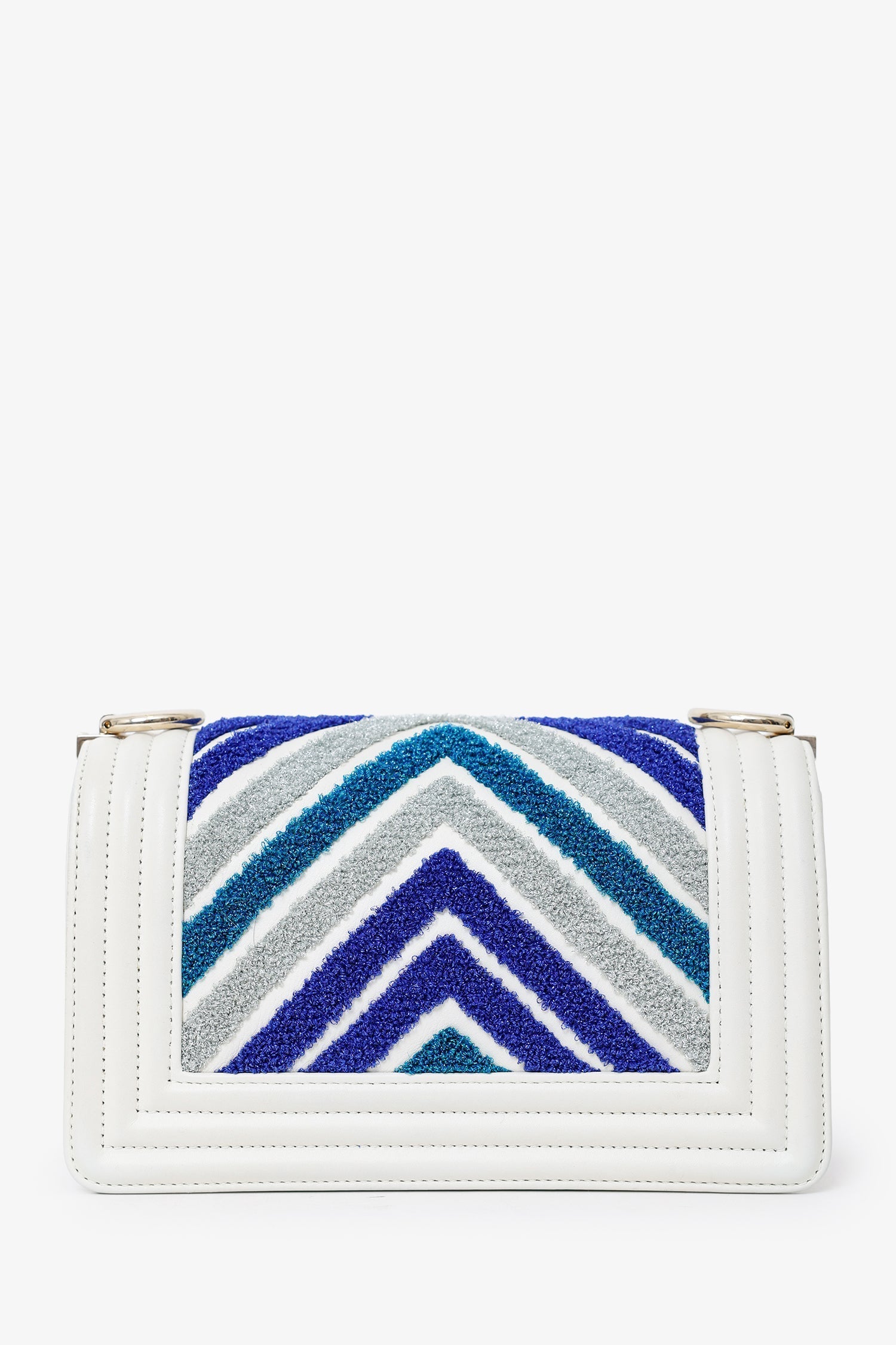Pre-Loved Chanel™ 2019 White/Blue Chevron Small Boy Shoulder Bag