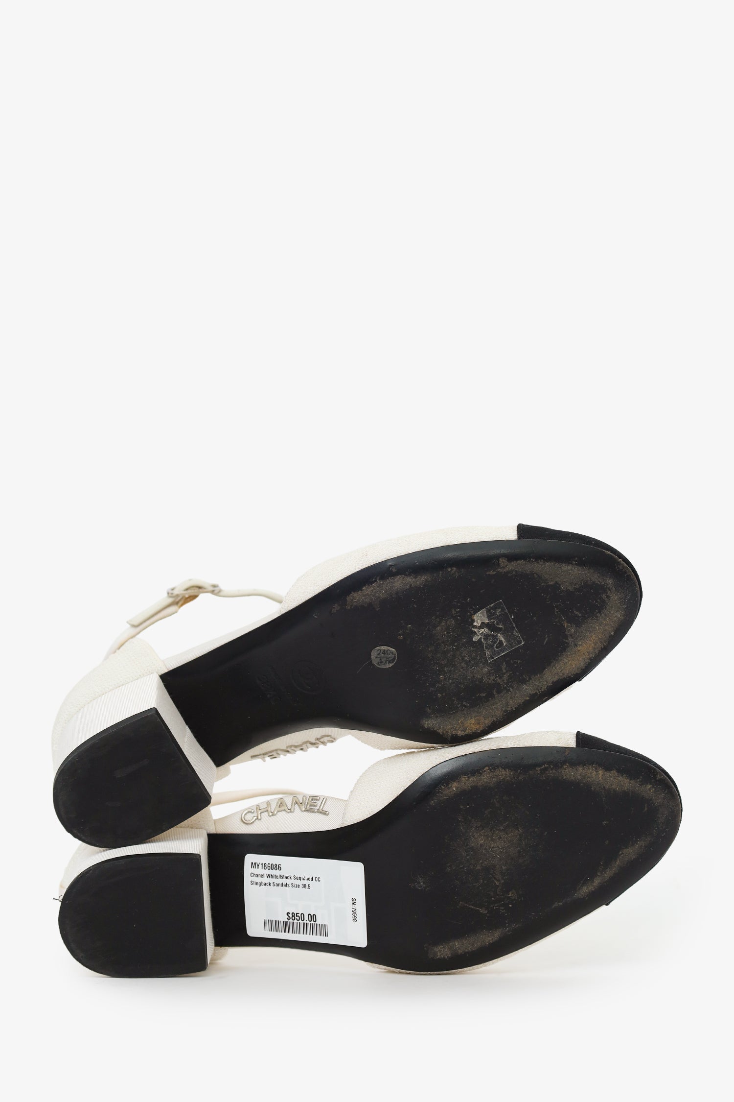 Pre-Loved Chanel™ White/Black Sequined CC Slingback Sandals Size 38.5