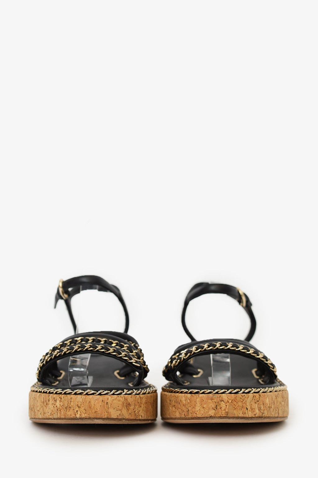 Pre-Loved Chanel™ Black Leather Chain Detail Cork Sandals Size 38