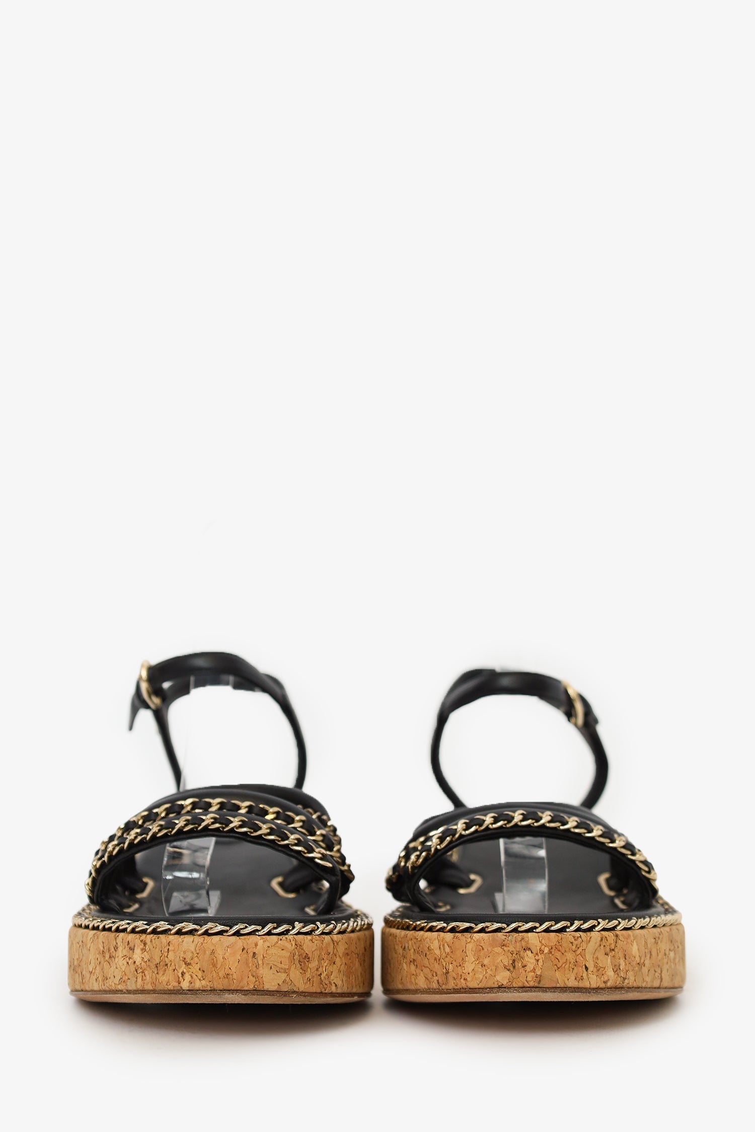 Pre-Loved Chanel™ Black Leather Chain Detail Cork Sandals Size 38