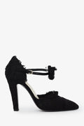 Pre-Loved Chanel™ Black CC Lace Ankle Wrap Bow Pumps Size 38