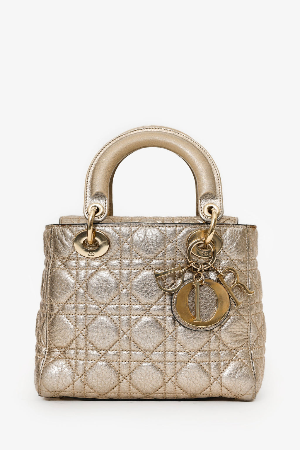 Christian Dior 2017 Gold Metallic Cannage Small Supple Lady Dior With Strap