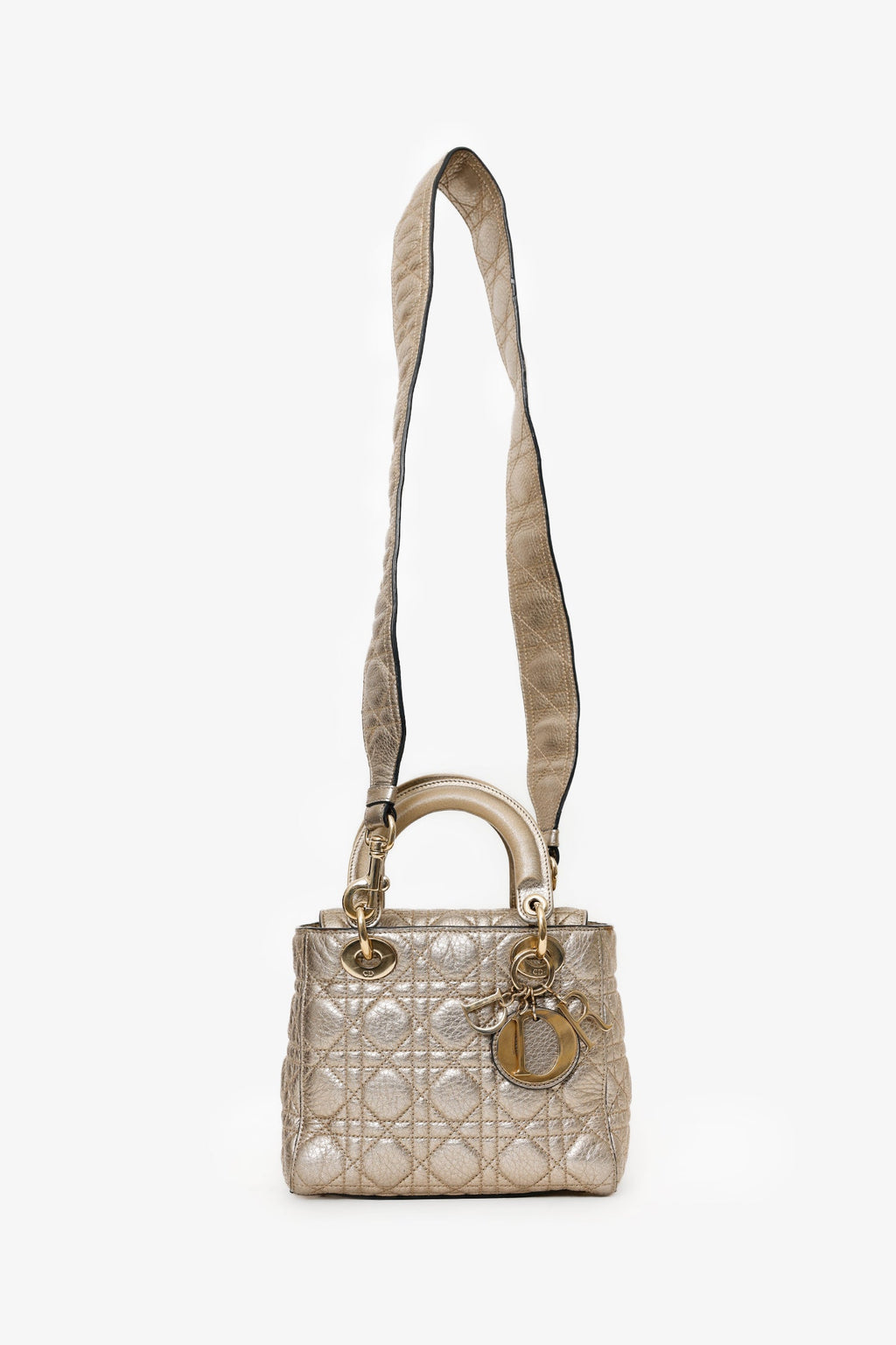 Christian Dior 2017 Gold Metallic Cannage Small Supple Lady Dior With Strap