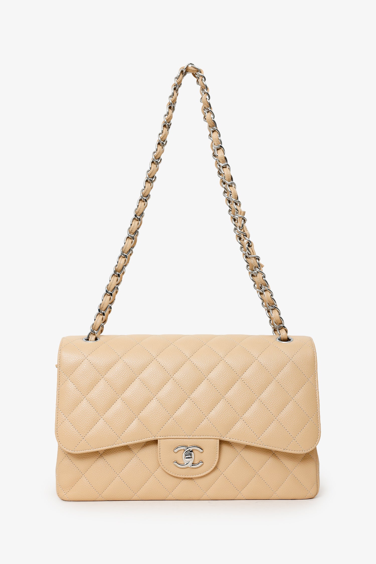Pre-Loved Chanel™ 2016-17 Beige Caviar Leather Jumbo Double Flap Bag