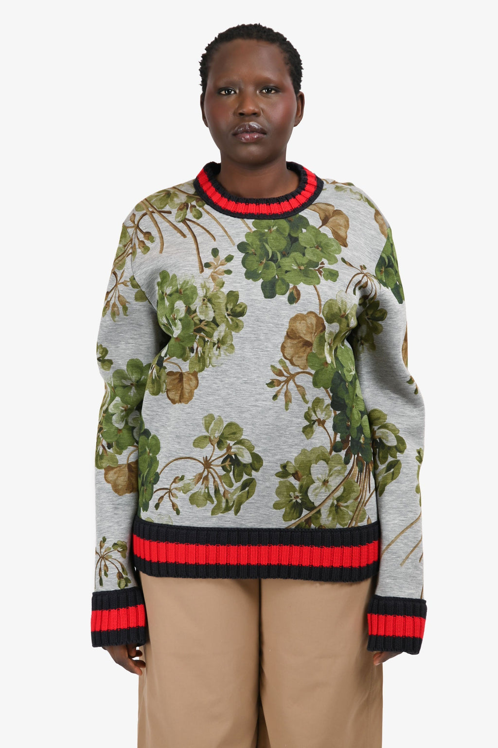Gucci Grey Foliate Patterned Trim Detailed Sweater Size L