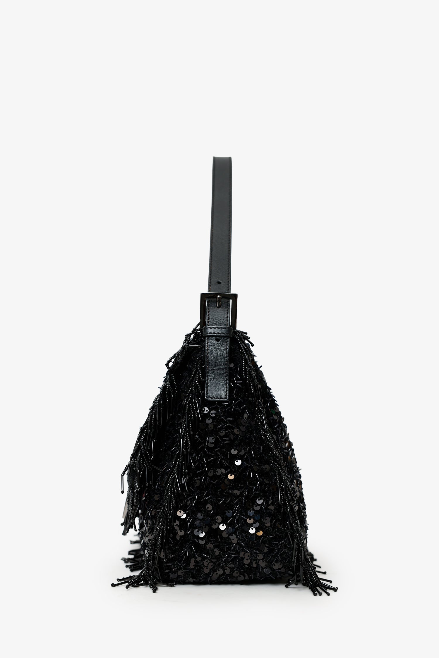 Fendi Limited Edition (1/30) Black Sequin Beaded Fringed Mama Baguette Shoulder Bag