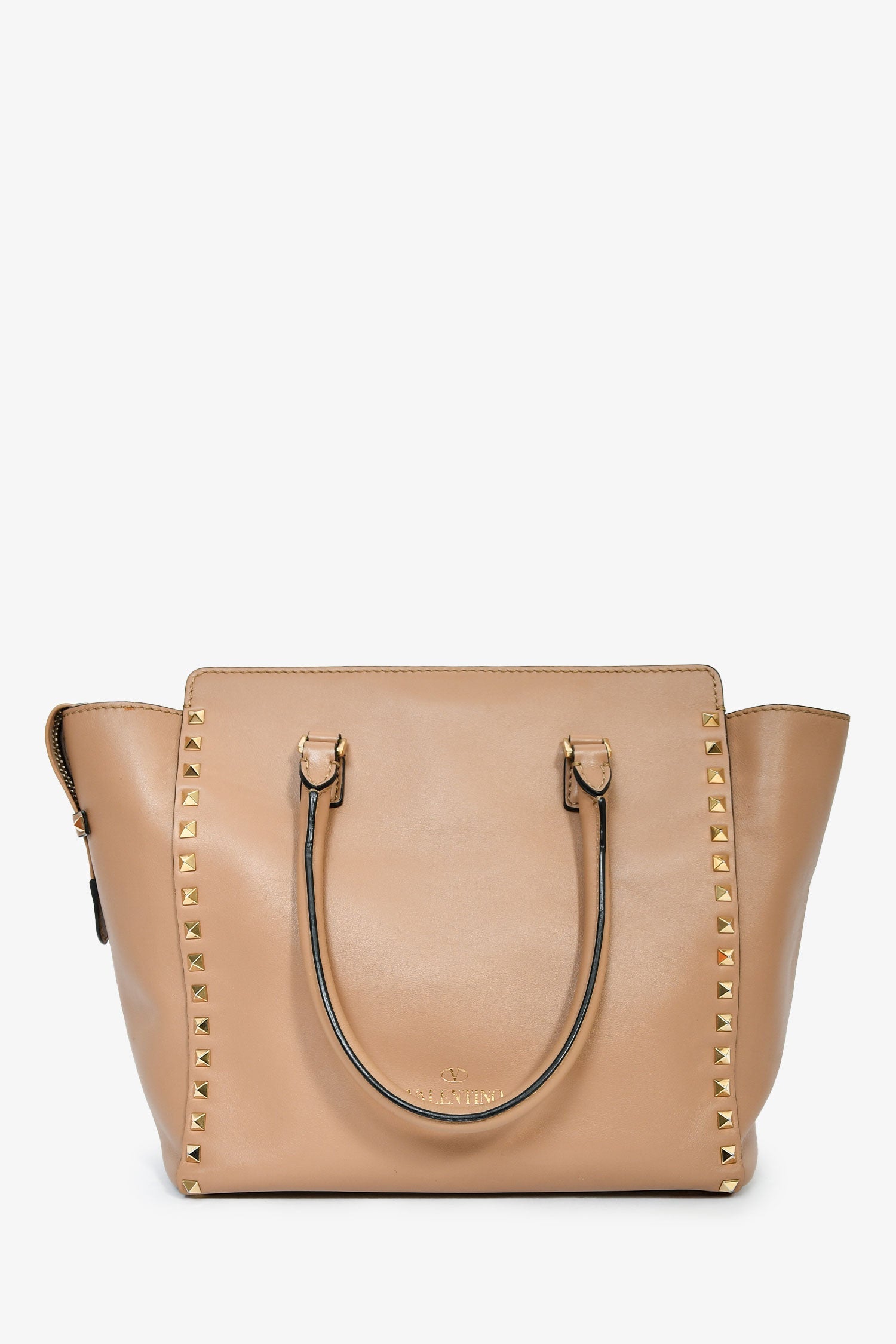 Valentino Beige Leather Small Rockstud Trapeze Tote with Strap