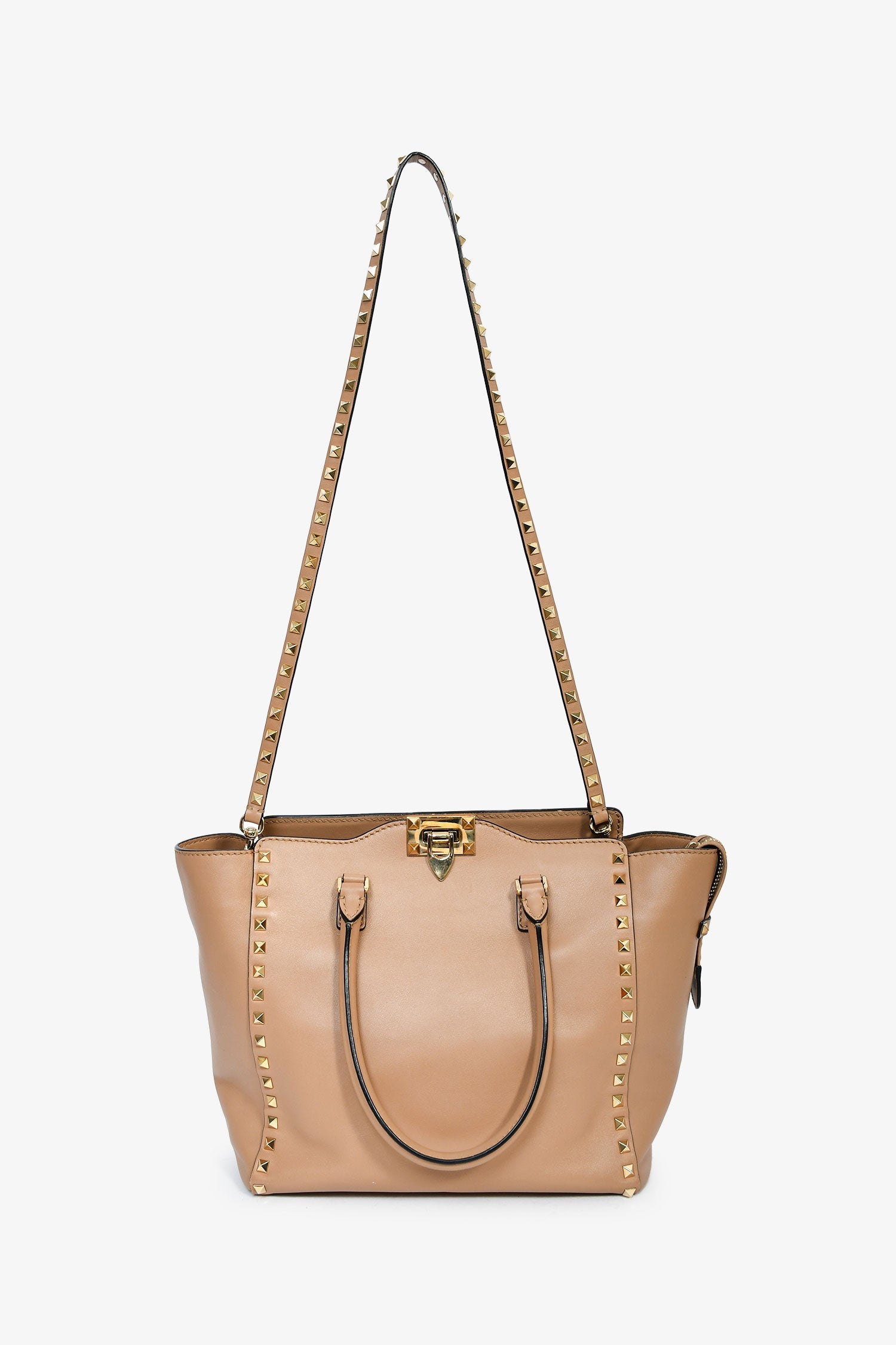 Valentino Beige Leather Small Rockstud Trapeze Tote with Strap