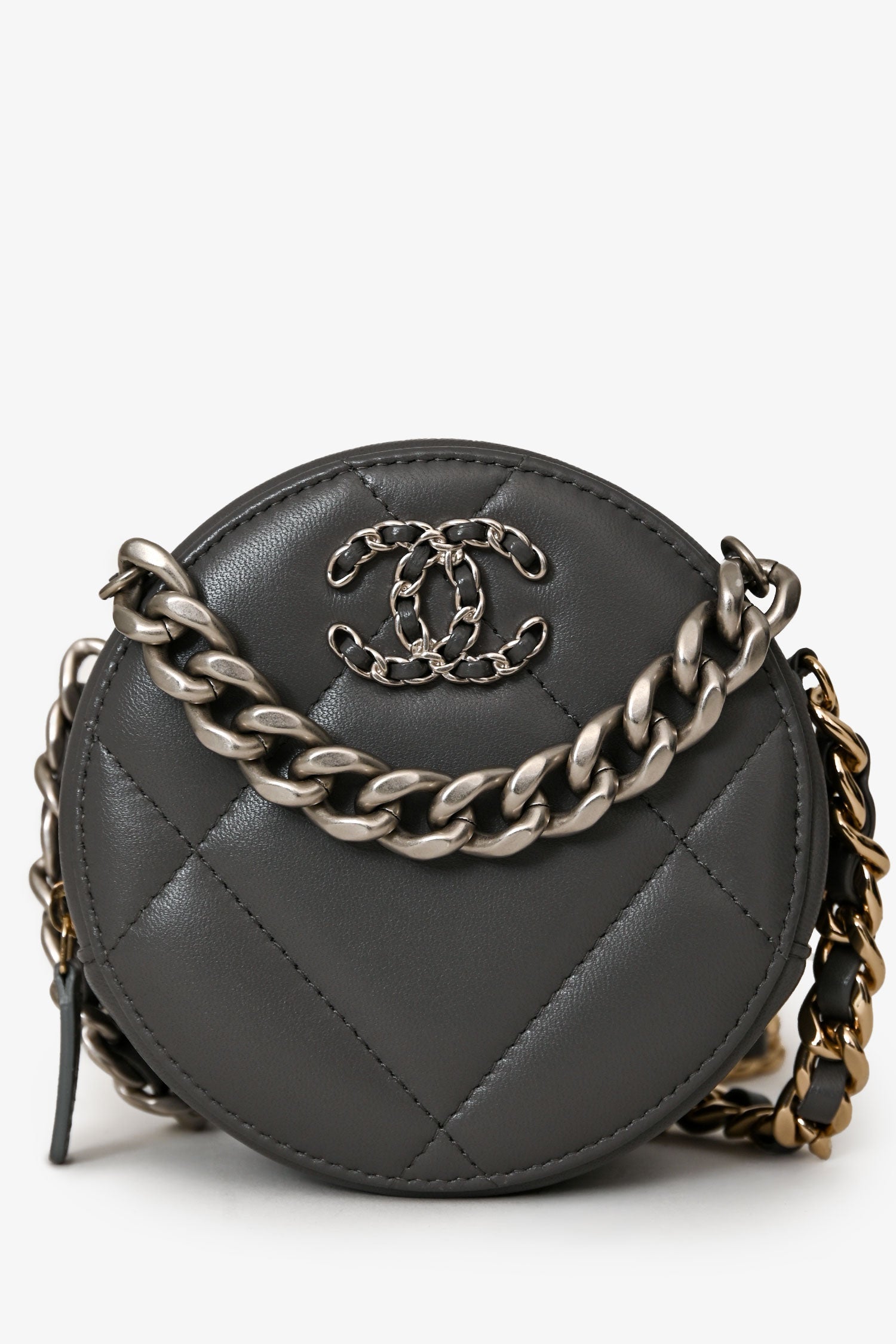 Pre-Loved Chanel™ Grey Lambskin 19 Round Crossbody Silver Hardware