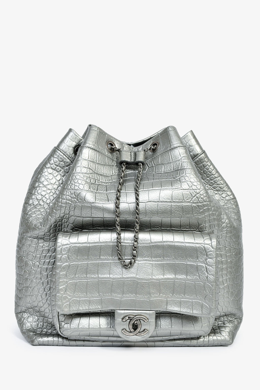 Pre-Loved Chanel™ 2019 Silver Croc Embossed Pocket Backpack