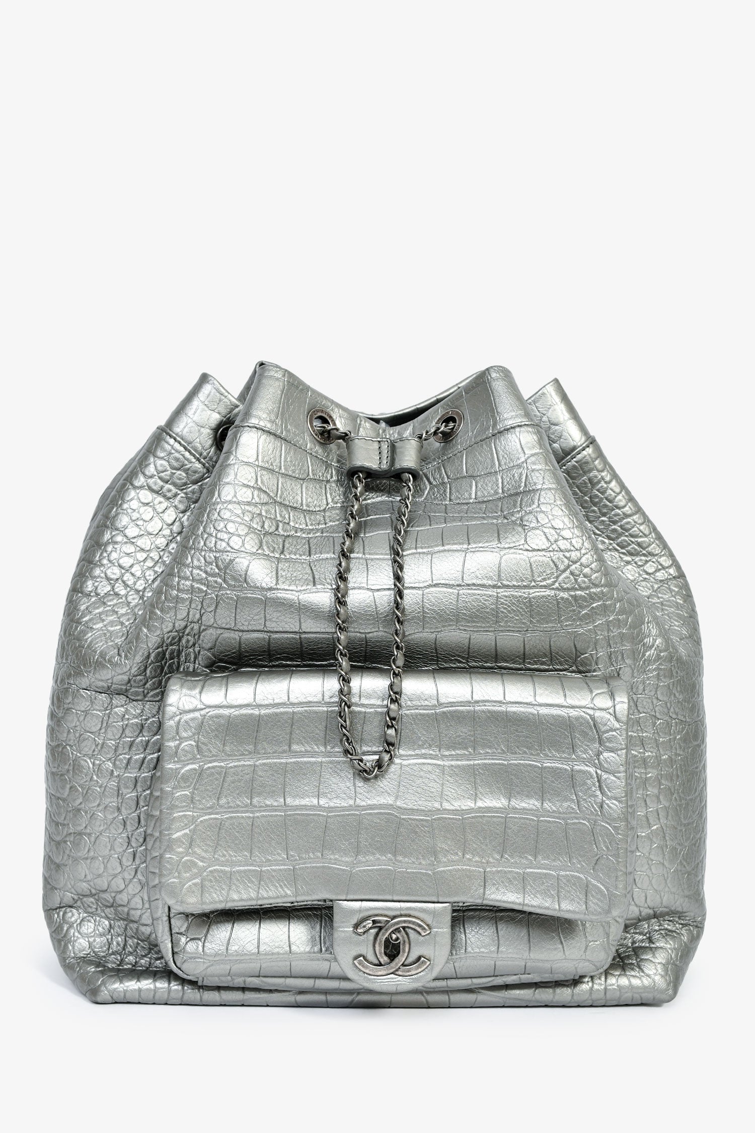 Pre-Loved Chanel™ 2019 Silver Croc Embossed Pocket Backpack